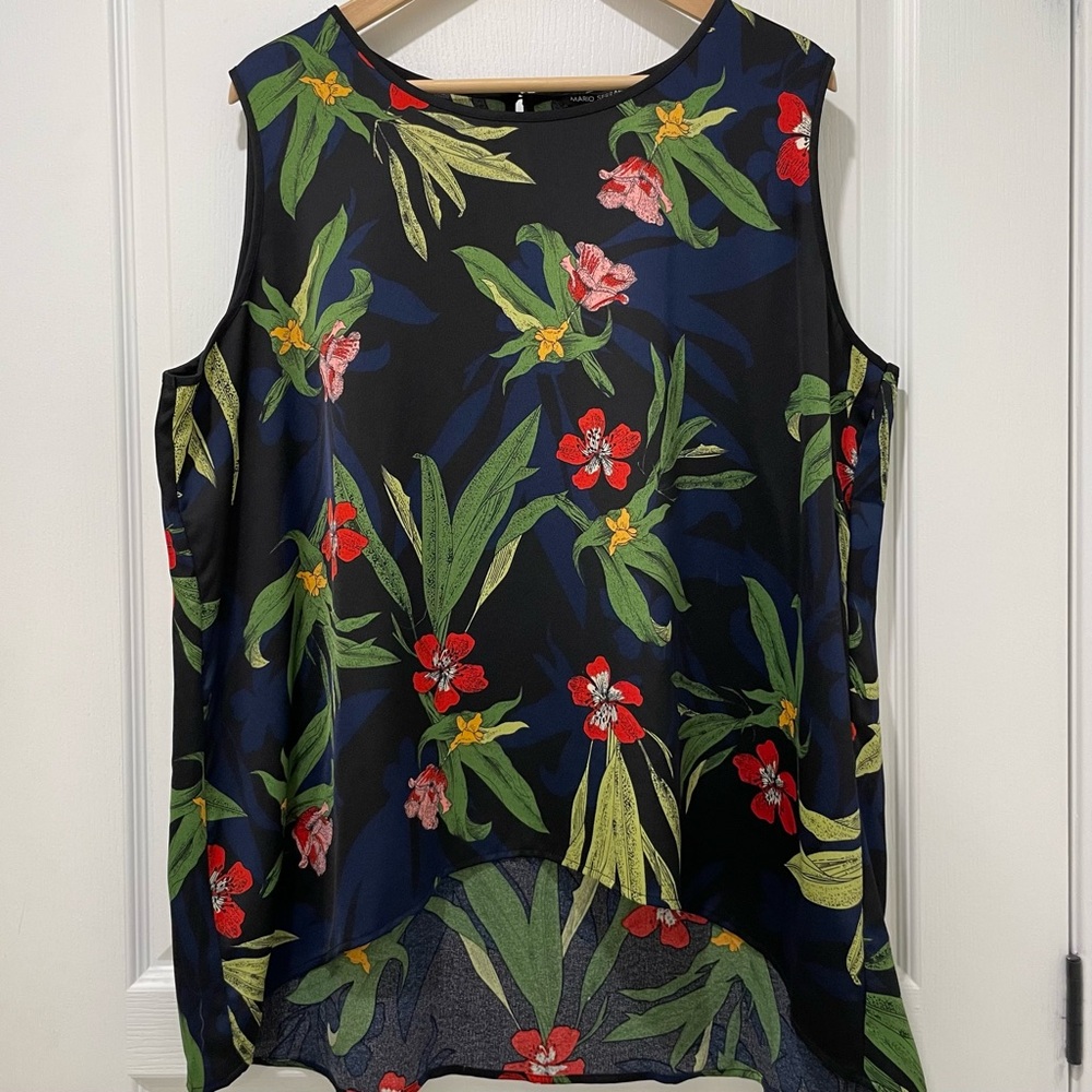 NWT MARIO SERRANI ITALY Floral Silky Tank Top Keyhole Back High Low Hem Size XXL